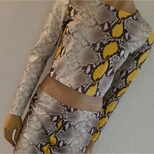 Two piece silk snakeskin, gray, and yellow outfit, size small
